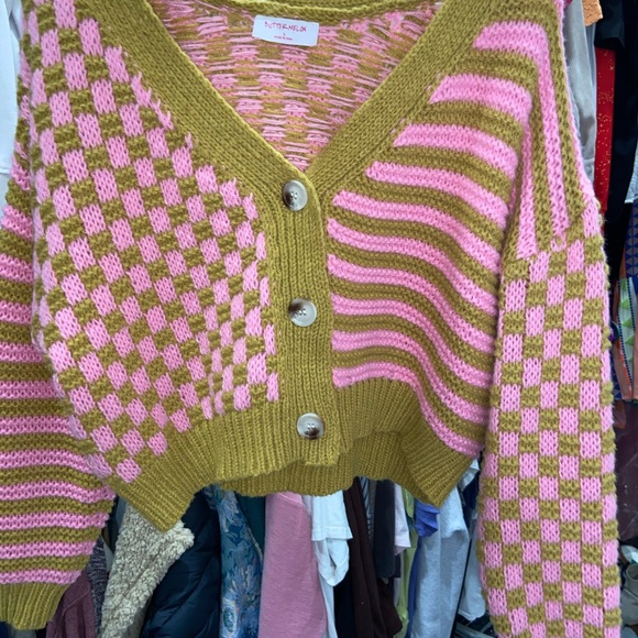 Buttermelon Sweaters - Knitwear Pink and Brown Checkered Cardigan